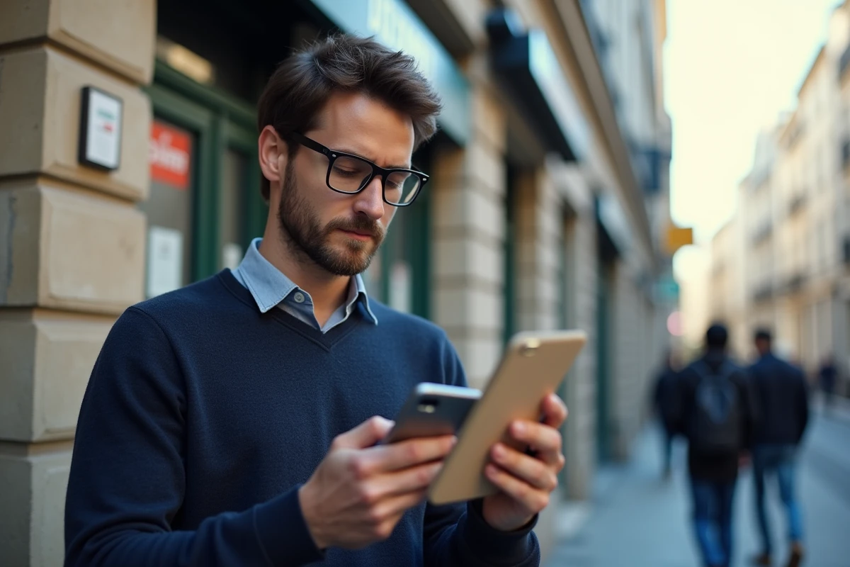 Jeune homme v&eacute;rifiant son livret A devant une banque parisienne