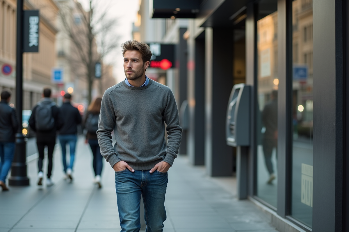 Jeune homme marche dans la ville devant une banque