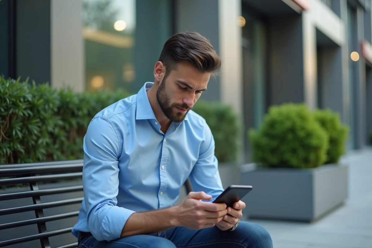 Jeune homme regardant son smartphone devant une banque