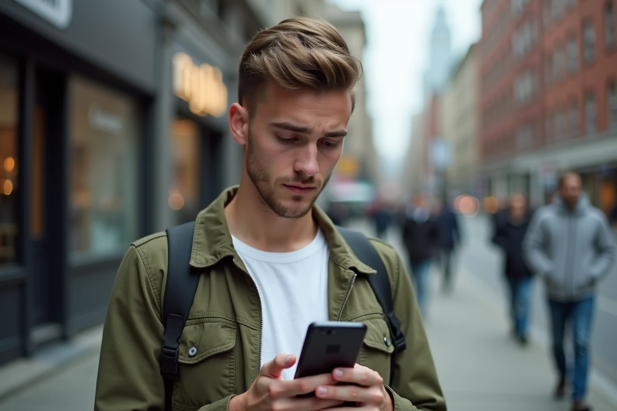 Jeune homme vérifiant le vrai numéro de téléphone PayPal sur son téléphone dans la rue