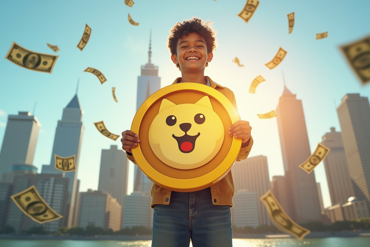 Jeune personne souriante tenant un logo Dogecoin devant la ville