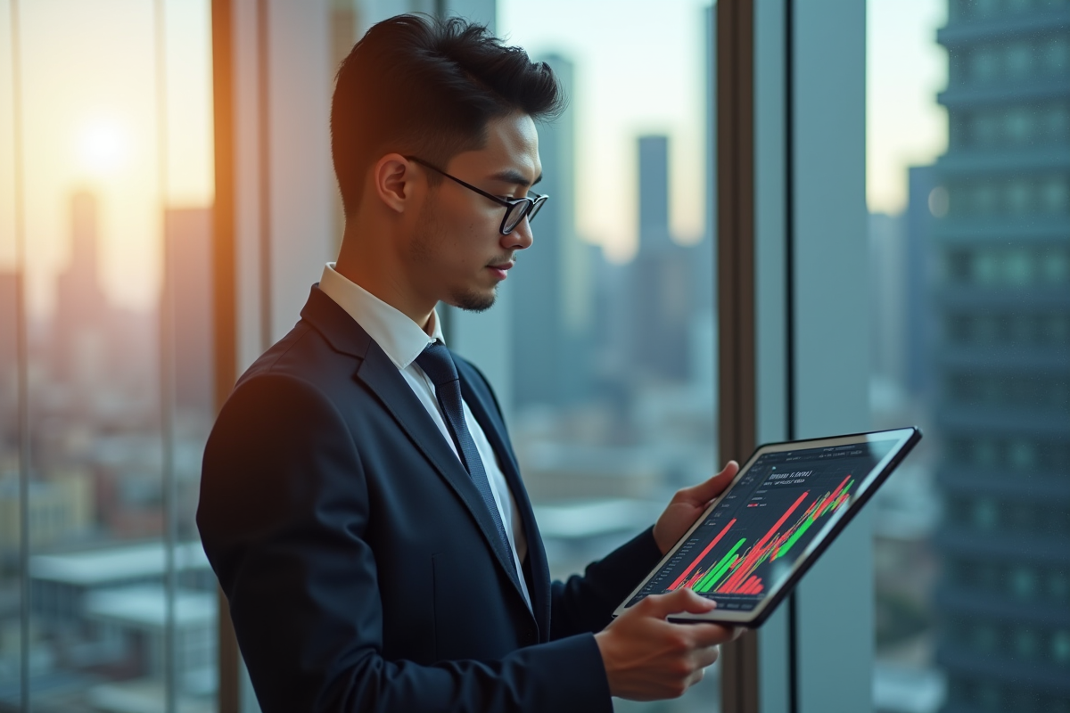 Jeune professionnel analysant graphiques boursiers sur tablette