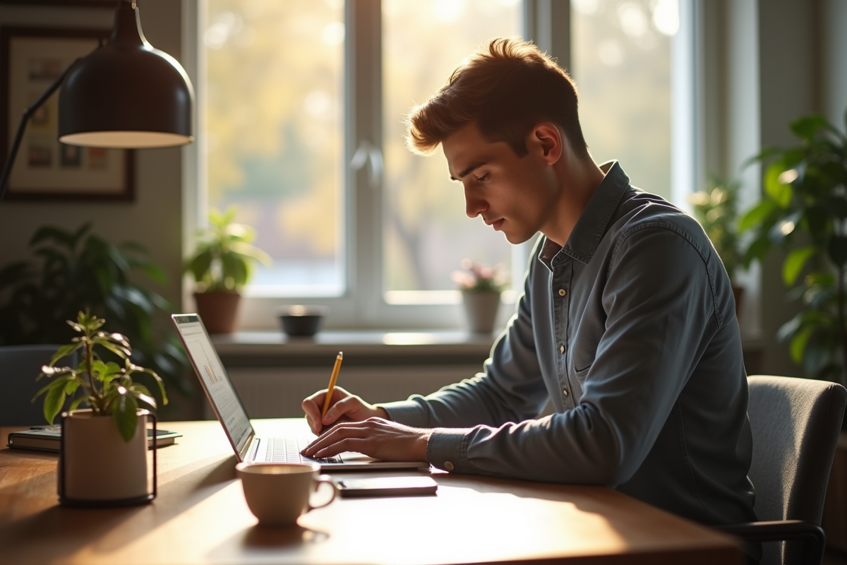 Jeune professionnel travaillant à un bureau lumineux avec un ordinateur portable