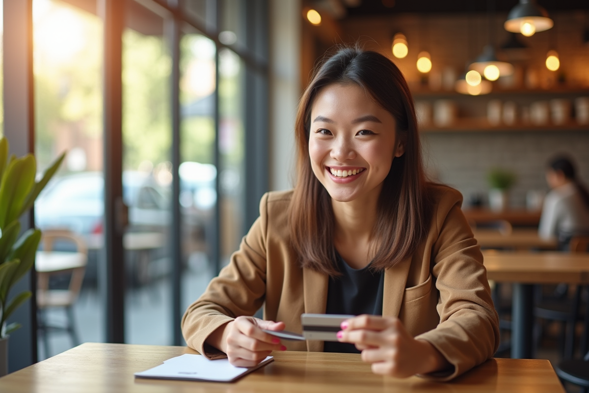 Jeune professionnel souriant avec une carte de crédit moderne