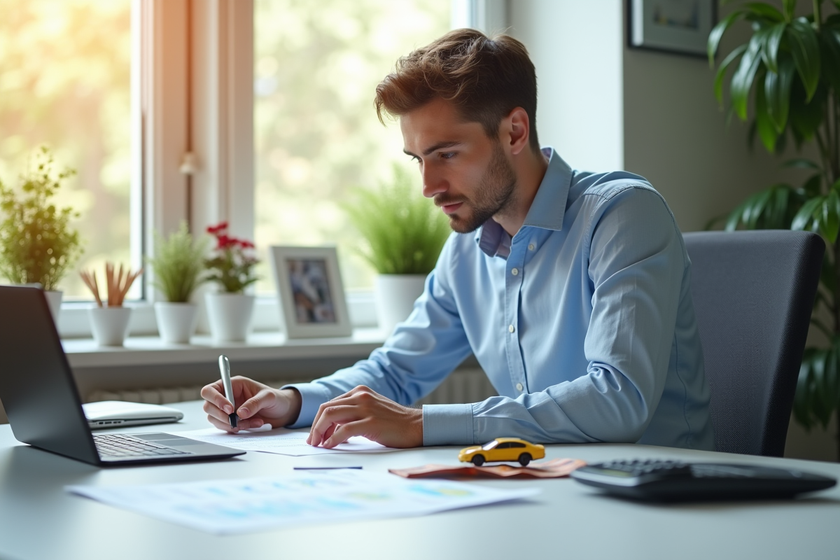 Jeune professionnel analysant documents de financement voiture
