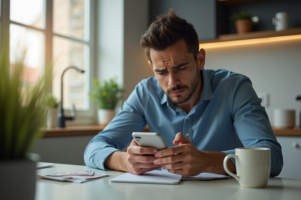 Jeune professionnel inquiet vérifiant son solde bancaire sur smartphone
