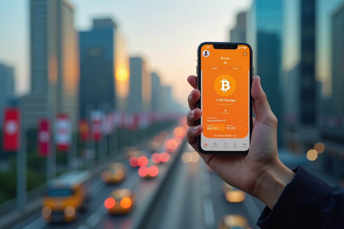 Jeune personne tenant un smartphone avec une application bitcoin en ville
