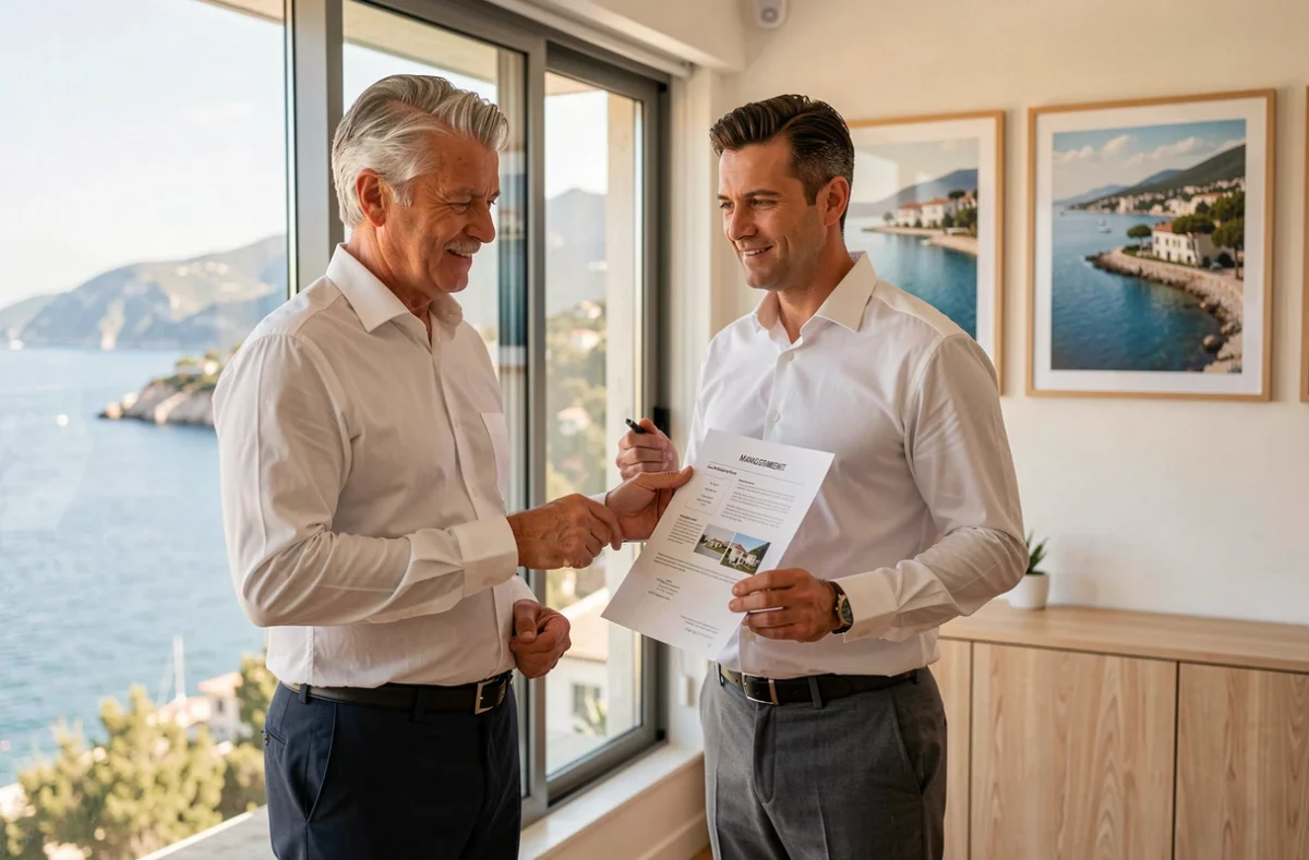 Un conseiller de KG Patrimoine présente un plan de gestion patrimoniale avec vue sur la Côte d'Azur varoise