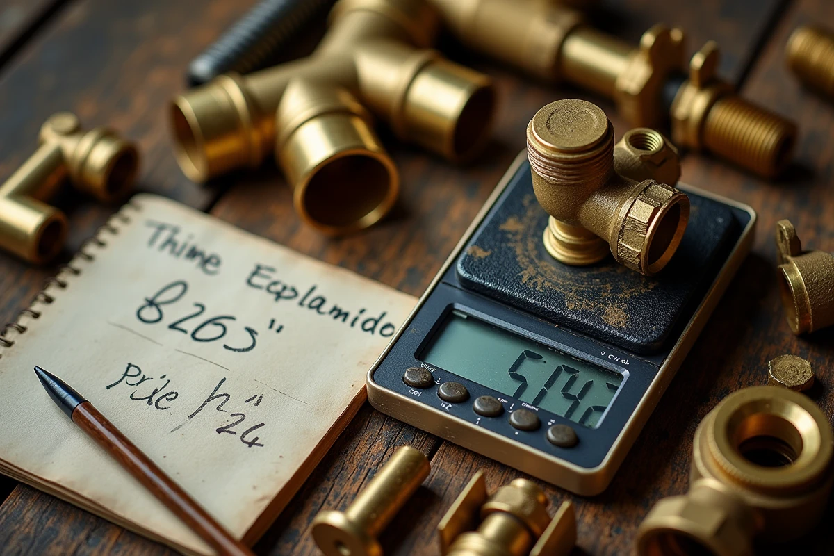 Pièces de laiton variées sur une balance numérique avec estimation de prix manuscrite pour le rachat au kilo