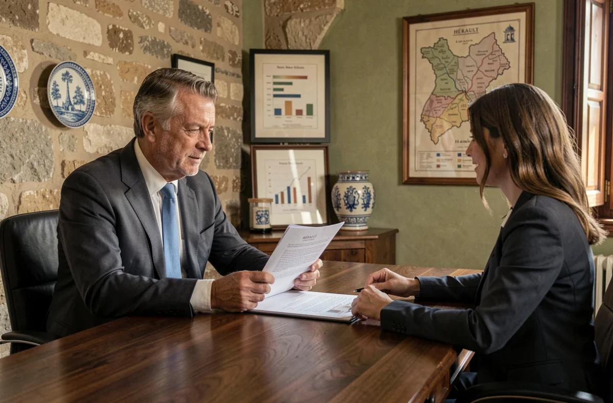Conseiller patrimonial du Coin Patrimoine étudiant un dossier d'optimisation fiscale avec une cliente dans un bureau de l'Hérault