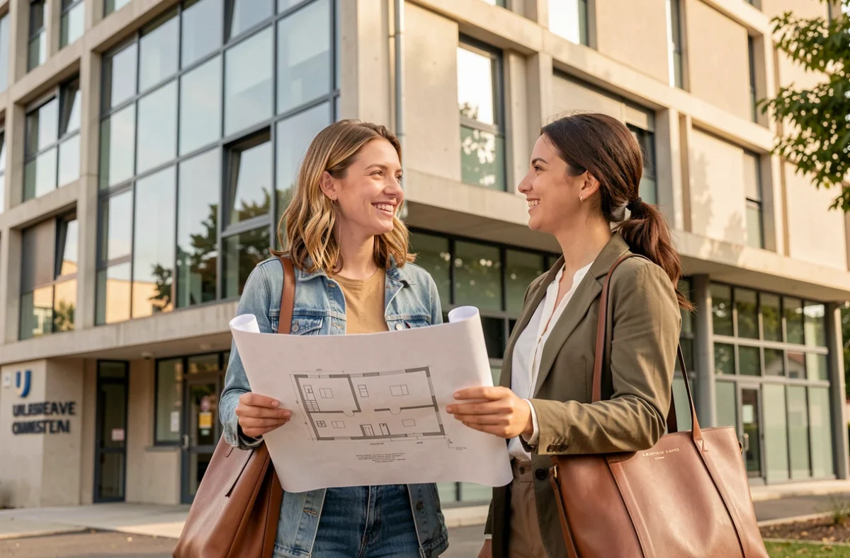 Conseillère de Lokt présentant des plans de studios étudiants devant une résidence neuve à Montpellier