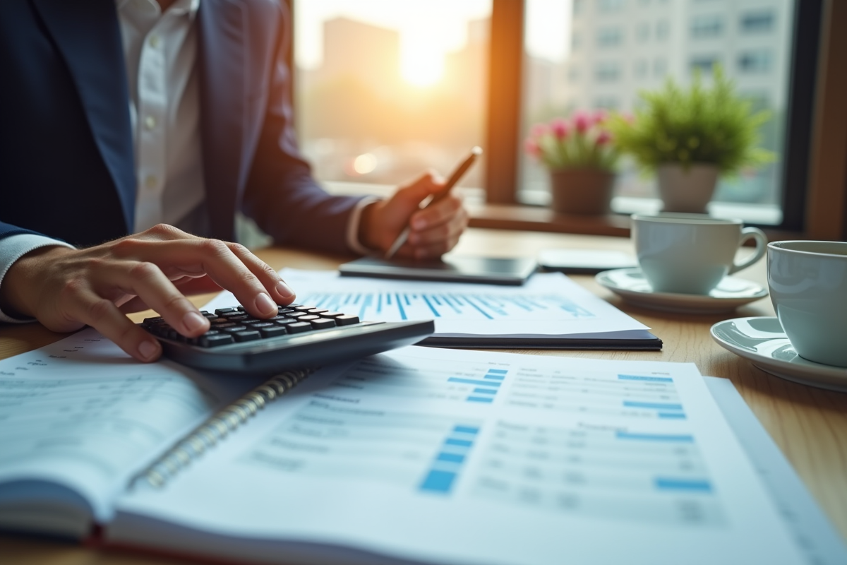 Main tenant une calculatrice avec un carnet ouvert et des bilans financiers