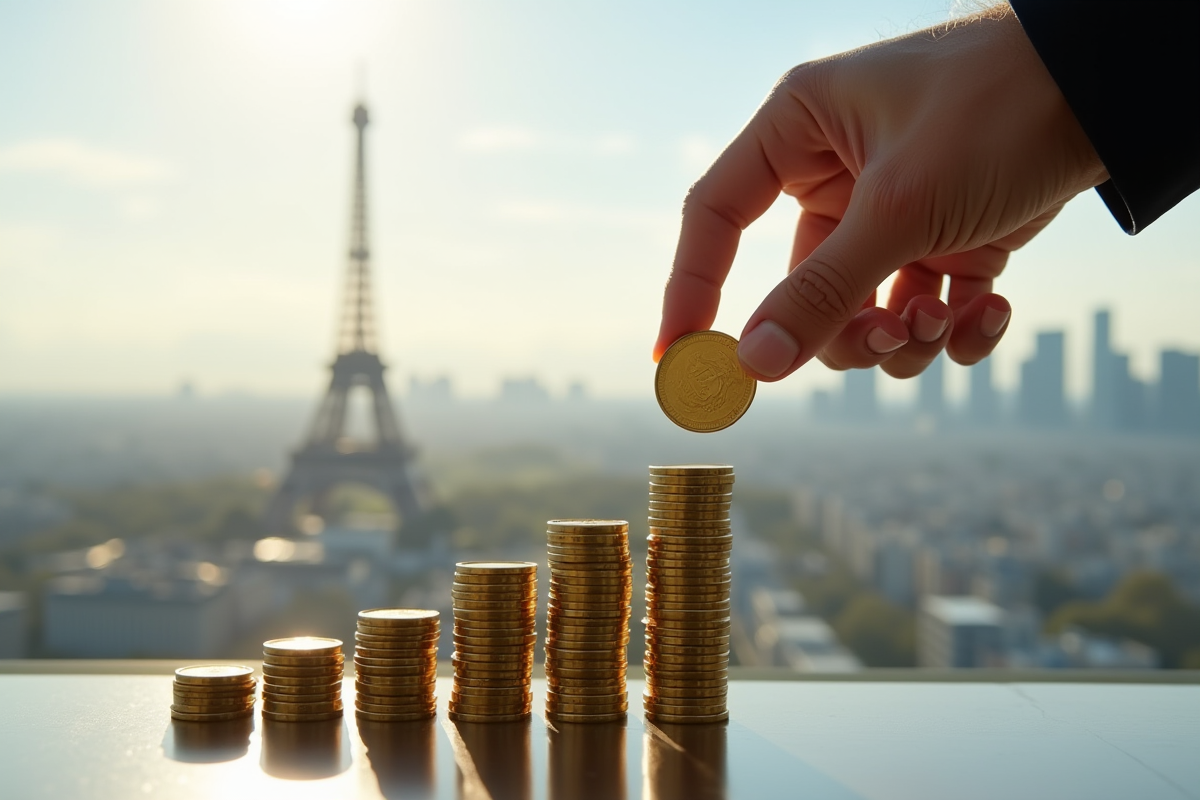 Main d'affaires posant une pièce d'or sur un graphique boursier à Paris