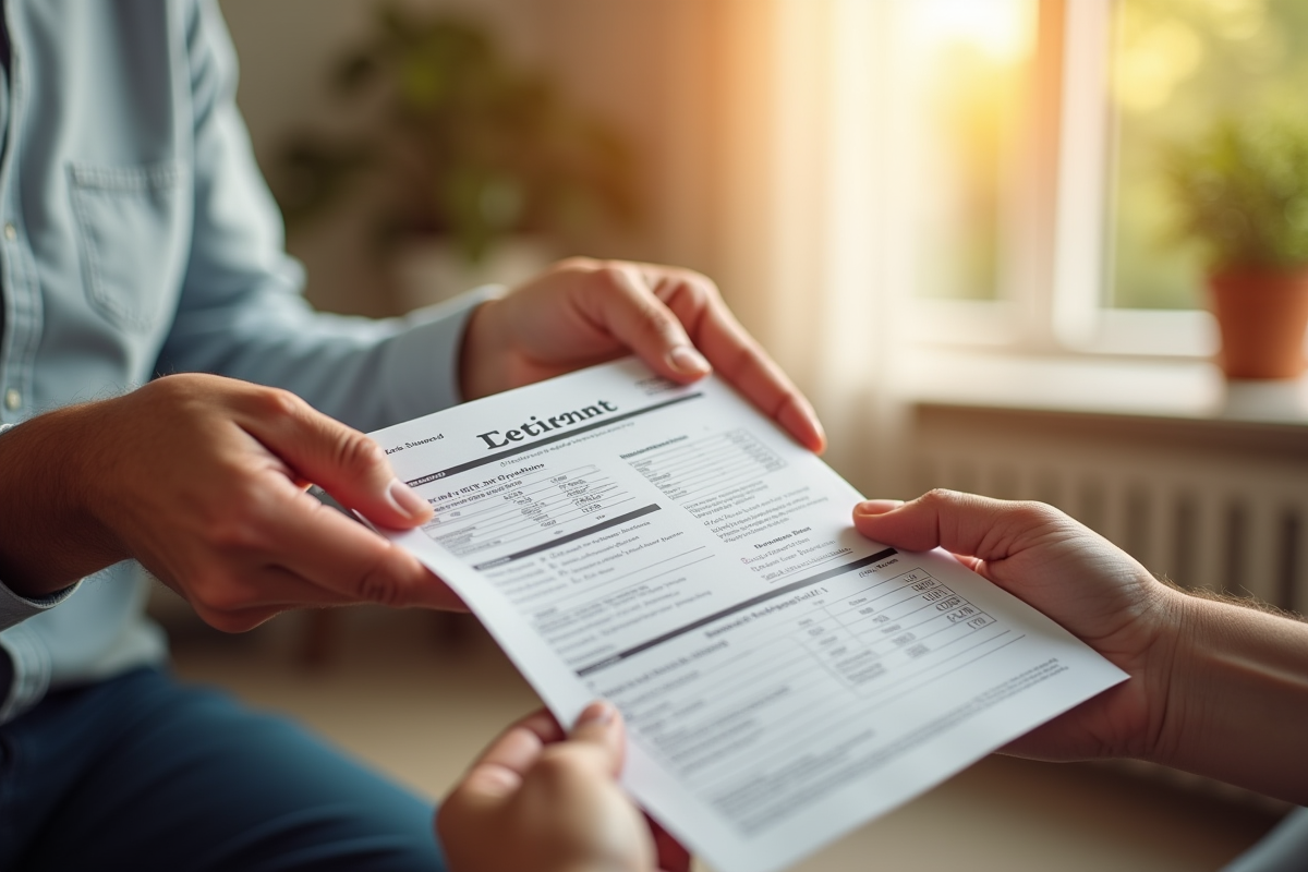 Deux mains tenant une déclaration de retraite dans un salon lumineux