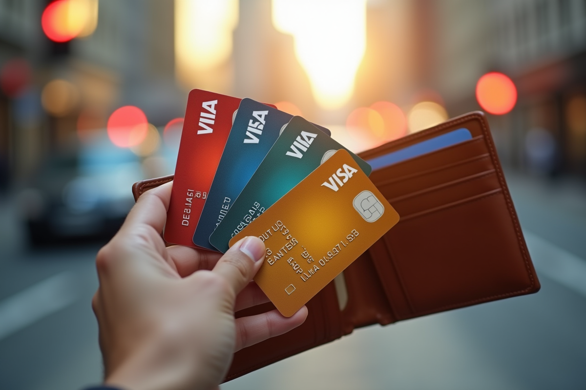 Main tenant plusieurs cartes Visa devant un portefeuille ouvert