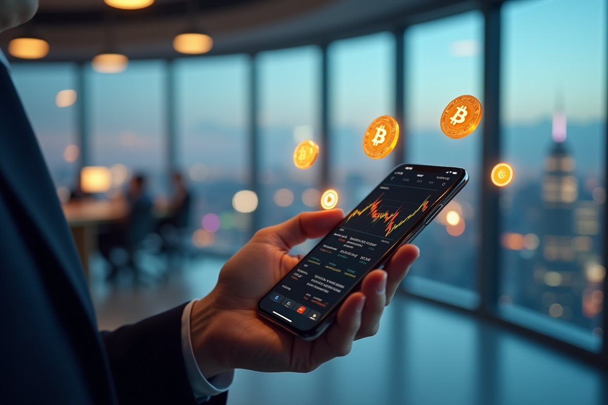 Main tenant un smartphone avec graphique de cryptomonnaies