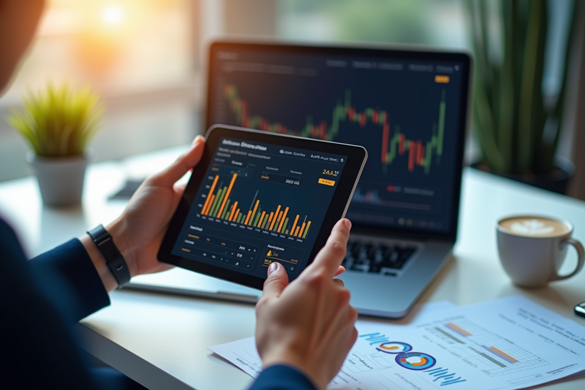 Main tenant une tablette avec graphique de statistiques Bitcoin dans un espace lumineux