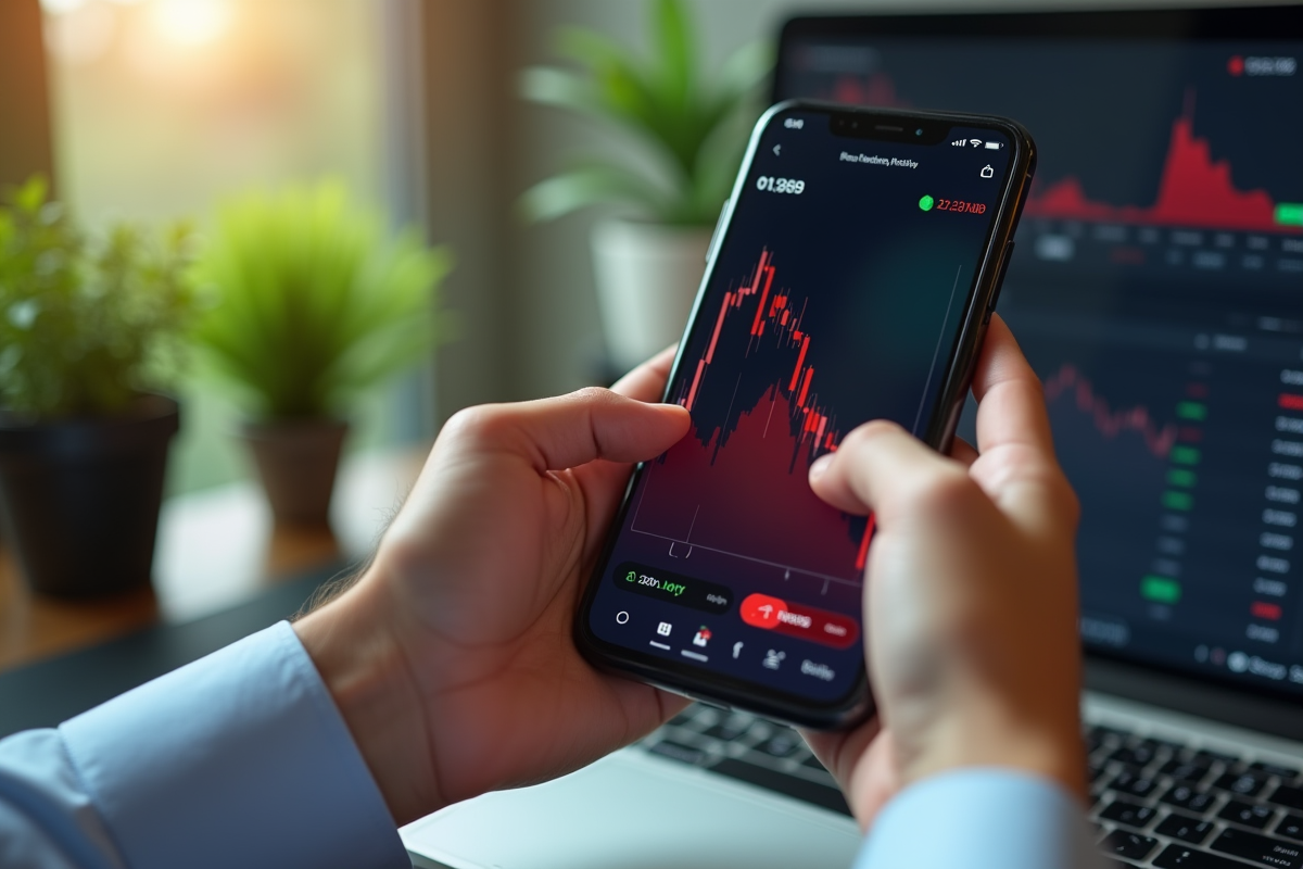 Mains tenant un smartphone avec graphique boursier en baisse dans un espace lumineux
