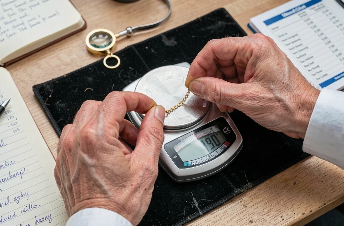 Gros plan de mains échangeant un bracelet en or sur une balance de joaillier lors d'une transaction de rachat