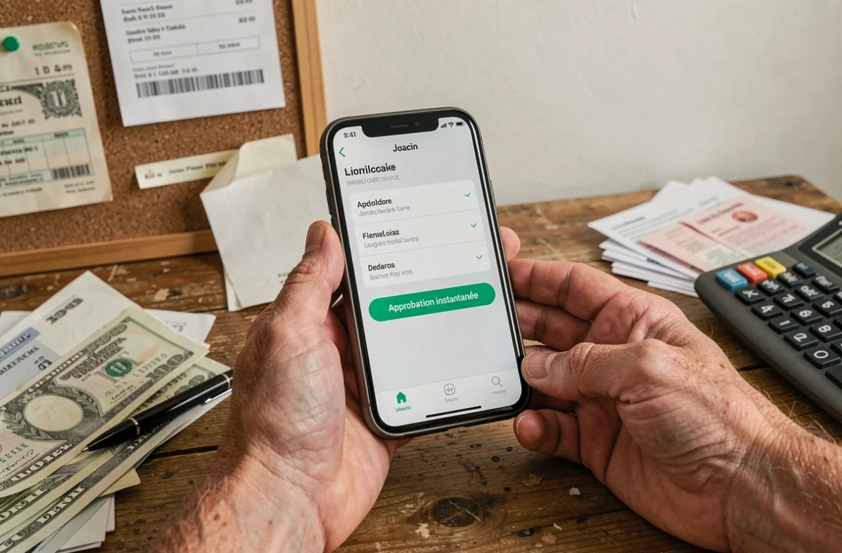 Mains tenant un smartphone avec une application de prêt immédiat sans refus sur un bureau encombré de factures