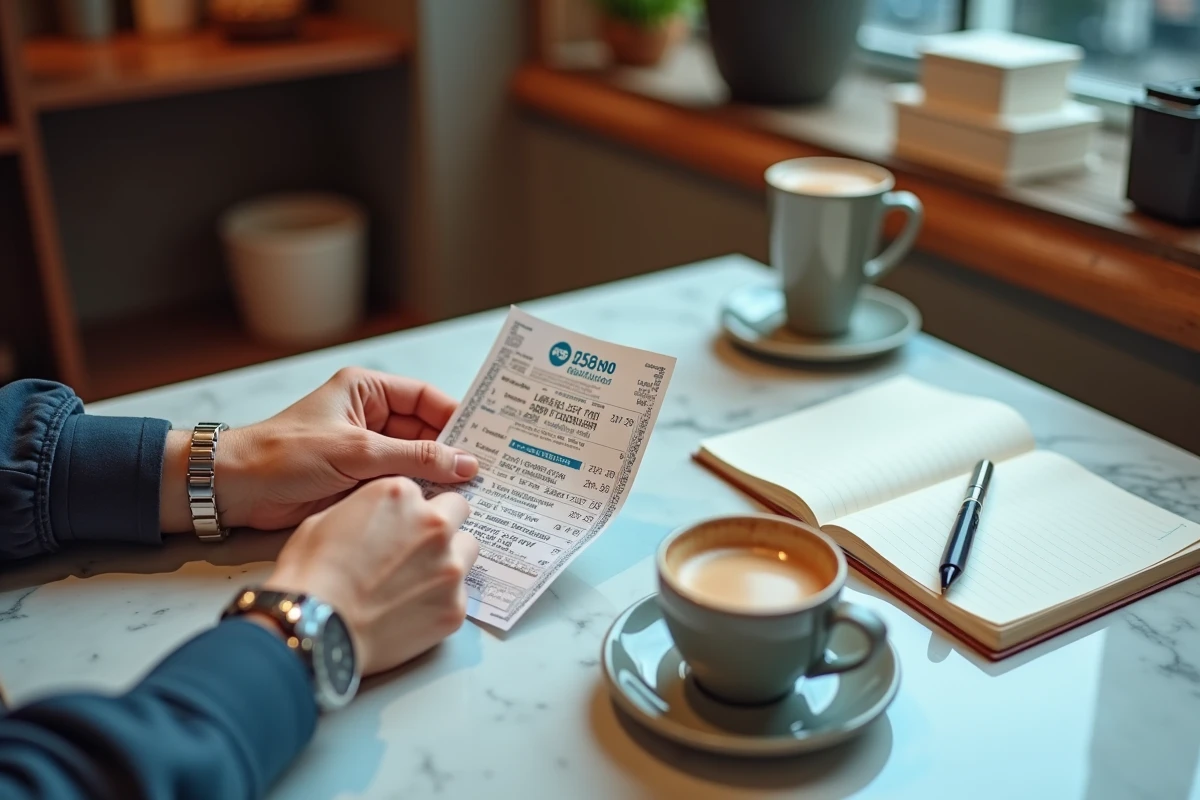 Mains tenant un ticket EuroMillions Étoile Plus sur une table de café avec carnet de budget