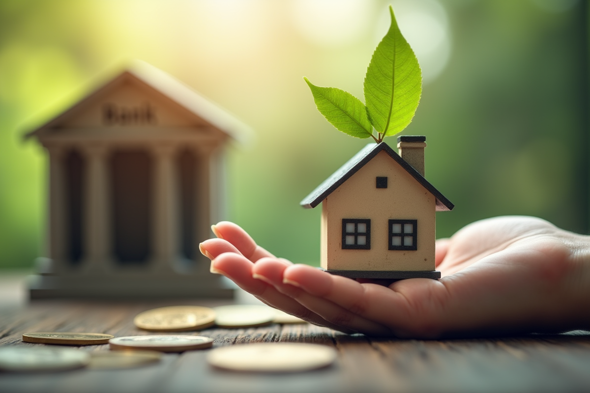 Main tenant une maison verte avec toit en feuilles