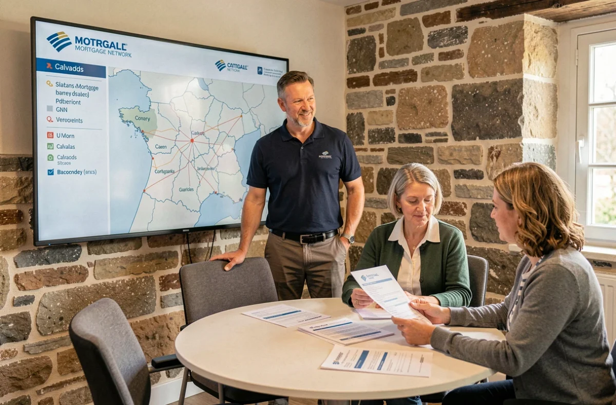 Conseiller Meilleurtaux Caen présentant l'expertise locale du réseau national à des clients du Calvados