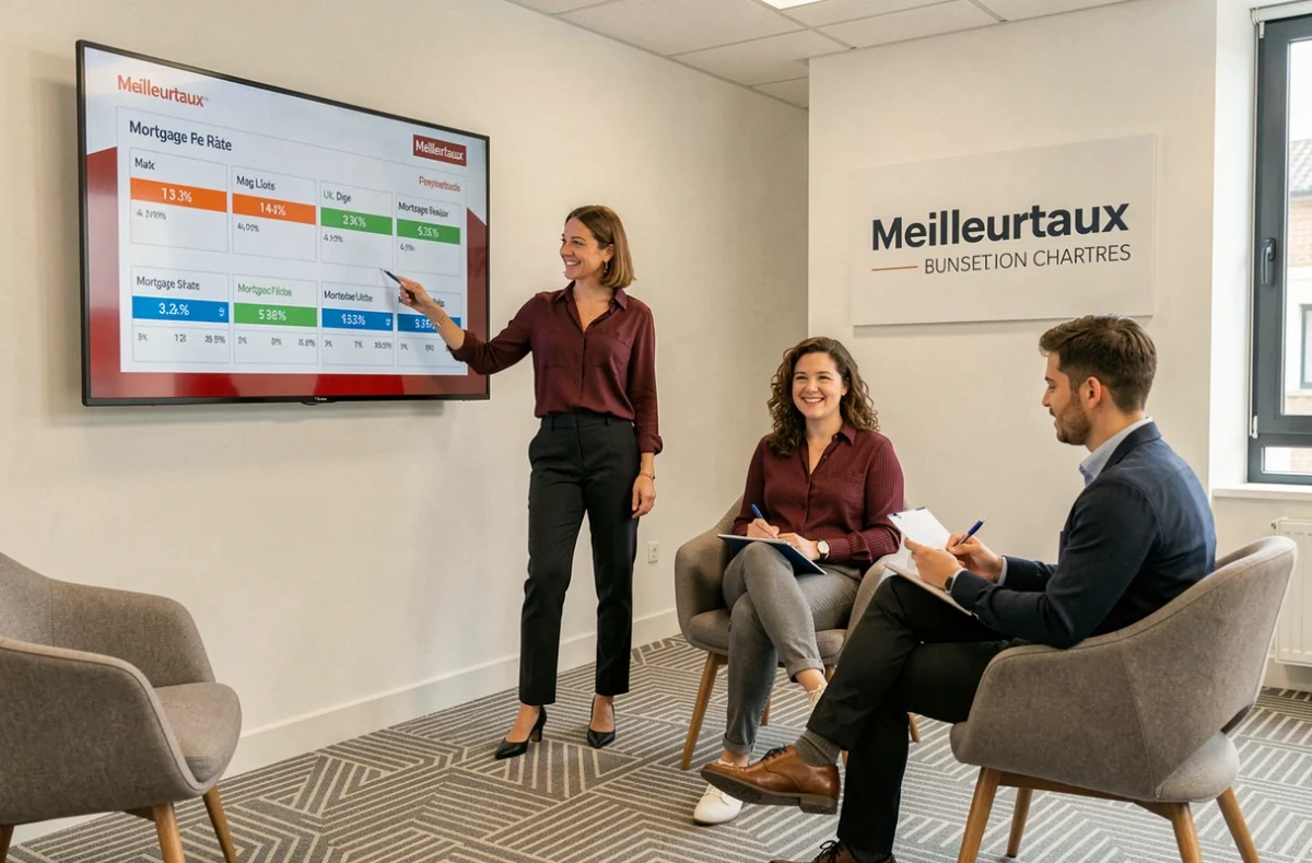 Conseillère Meilleurtaux Chartres expliquant les taux de crédit immobilier à un couple devant un écran de comparaison