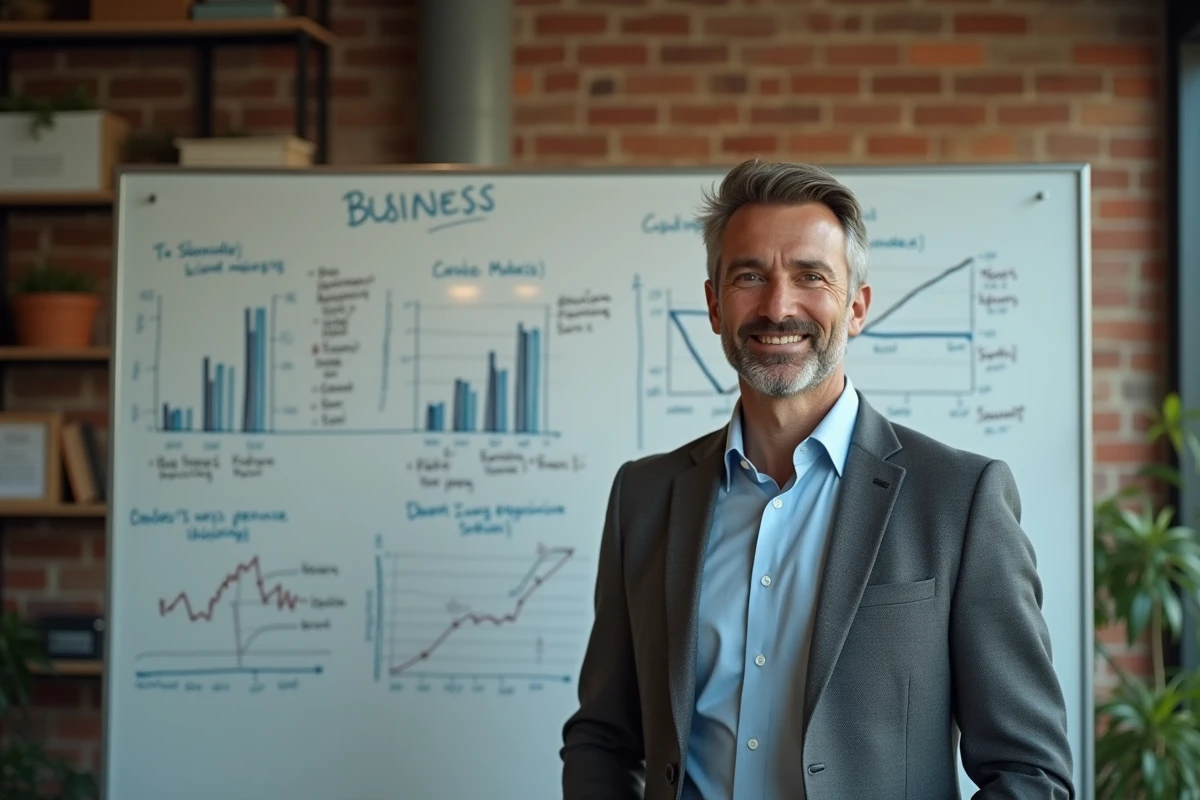 Homme d'affaires présentant un modèle de business et de stratégie financière devant un tableau blanc dans un espace de travail collaboratif