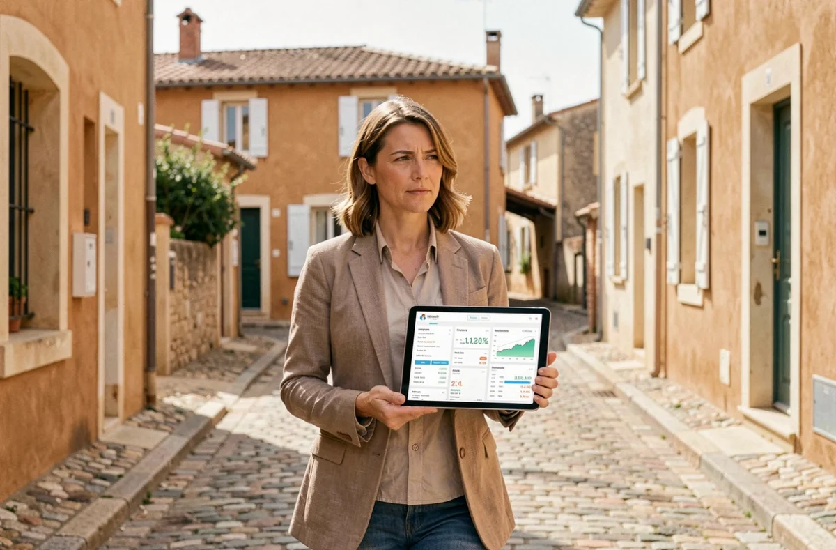 Chasseur immobilier de Mon Chasseur Immo analysant des annonces sur tablette dans un quartier résidentiel de l'Hérault