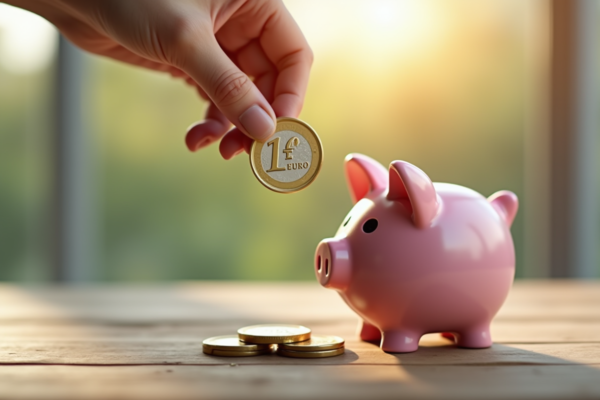Main déposant une pièce d euro dans un piggy bank vide