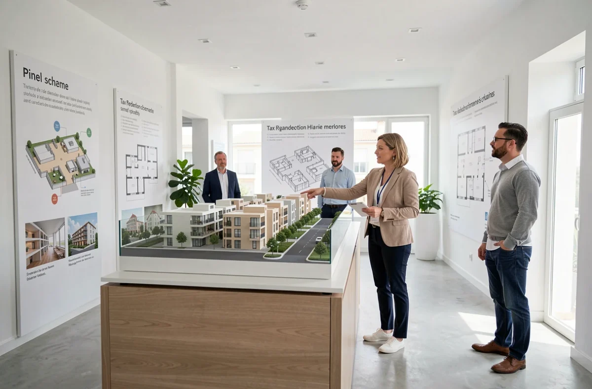 Représentante de Montpellier Immo9 présentant une maquette de programme neuf et des dispositifs de défiscalisation dans un showroom