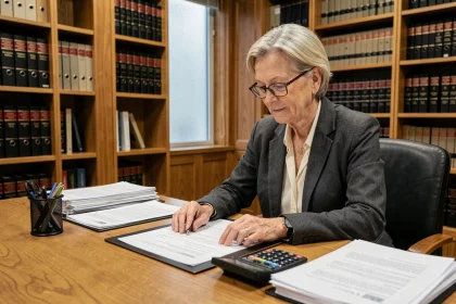 Notaire senior examinant des documents de tutelle et frais administratifs dans un bureau juridique professionnel