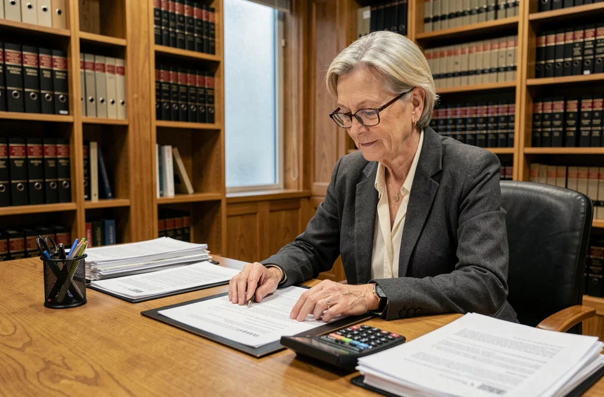 Notaire senior examinant des documents de tutelle et frais administratifs dans un bureau juridique professionnel