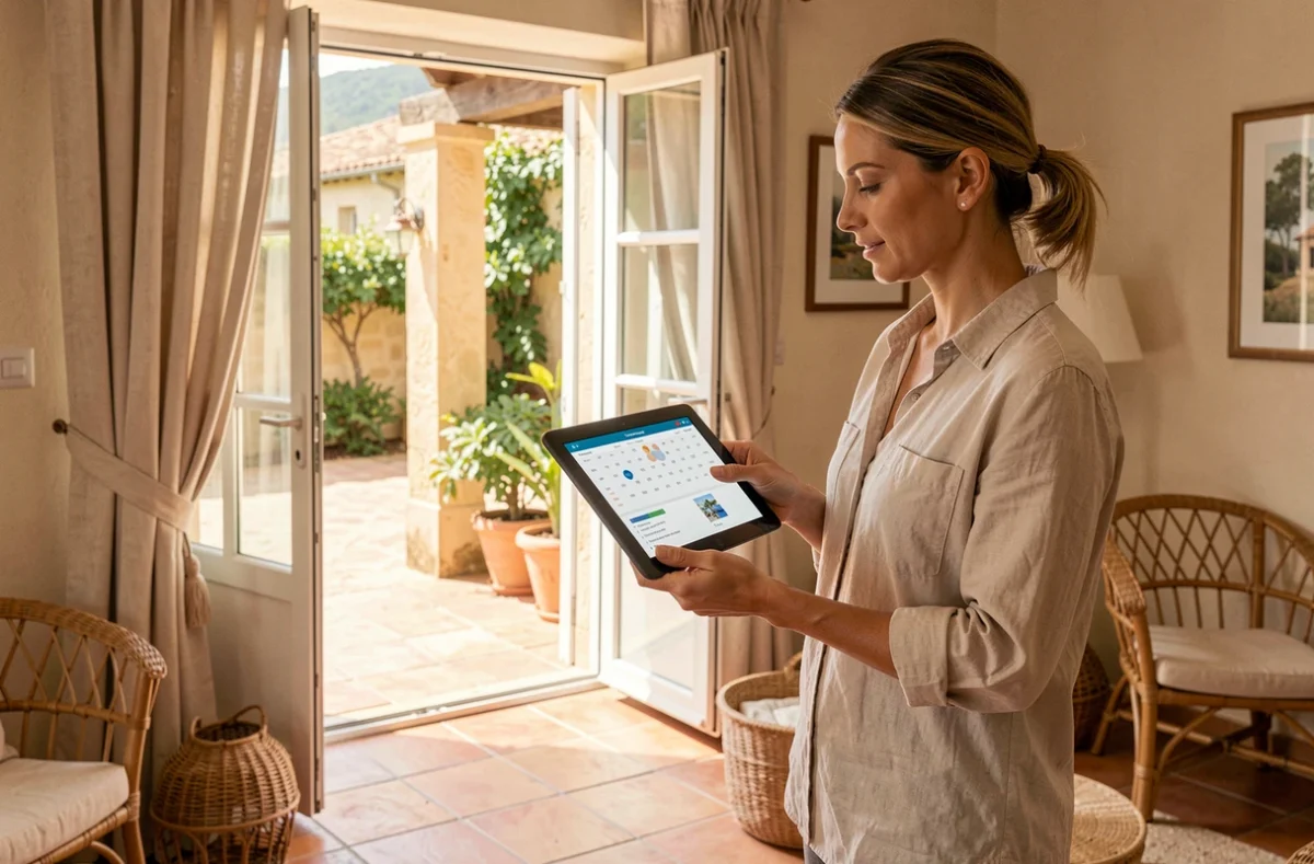 Gestionnaire d'Occitania Conciergerie vérifiant un calendrier de location saisonnière dans un appartement meublé de tourisme provençal