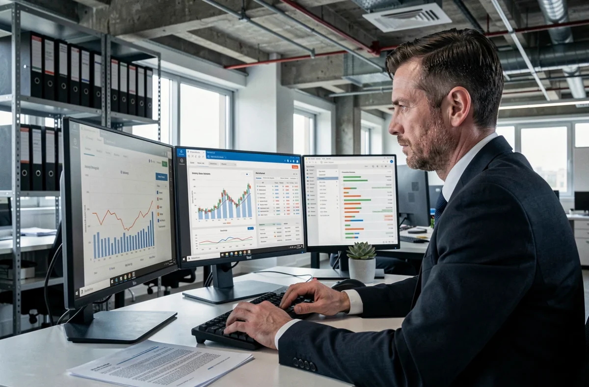 Un spécialiste d'OLTHI Finances analyse un portefeuille d'investissement sur un double écran dans un bureau moderne du Var