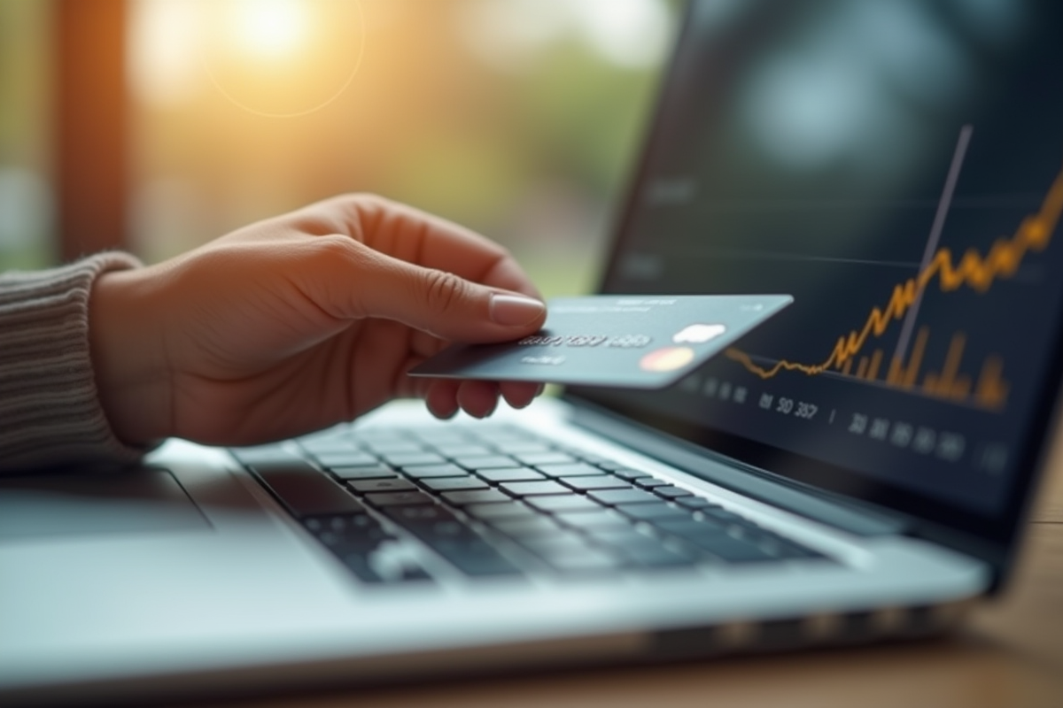 Personne tenant une carte bancaire moderne au-dessus d'un clavier d'ordinateur