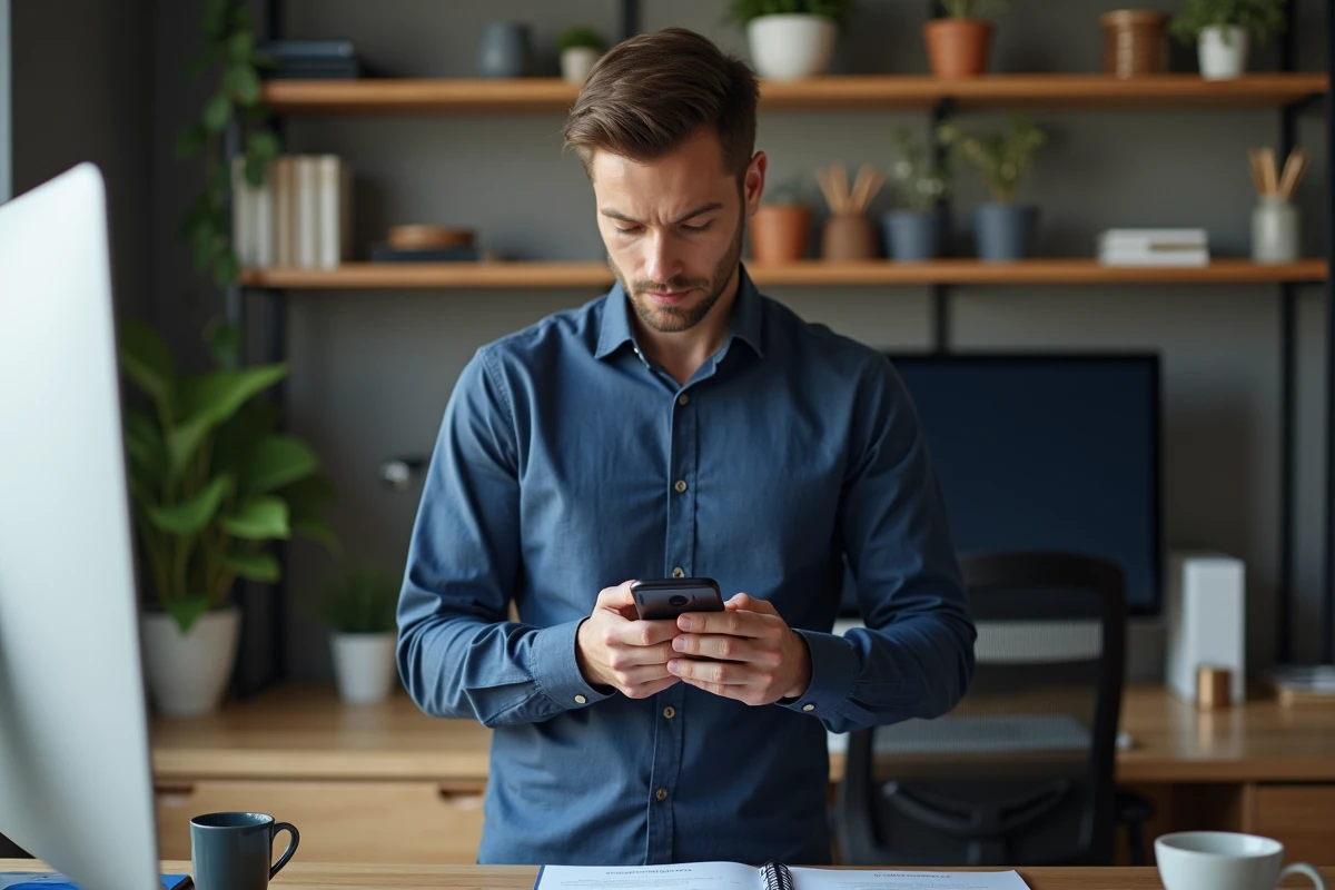 Homme consultant une application de paiement fractionné sur son smartphone dans un bureau à domicile moderne