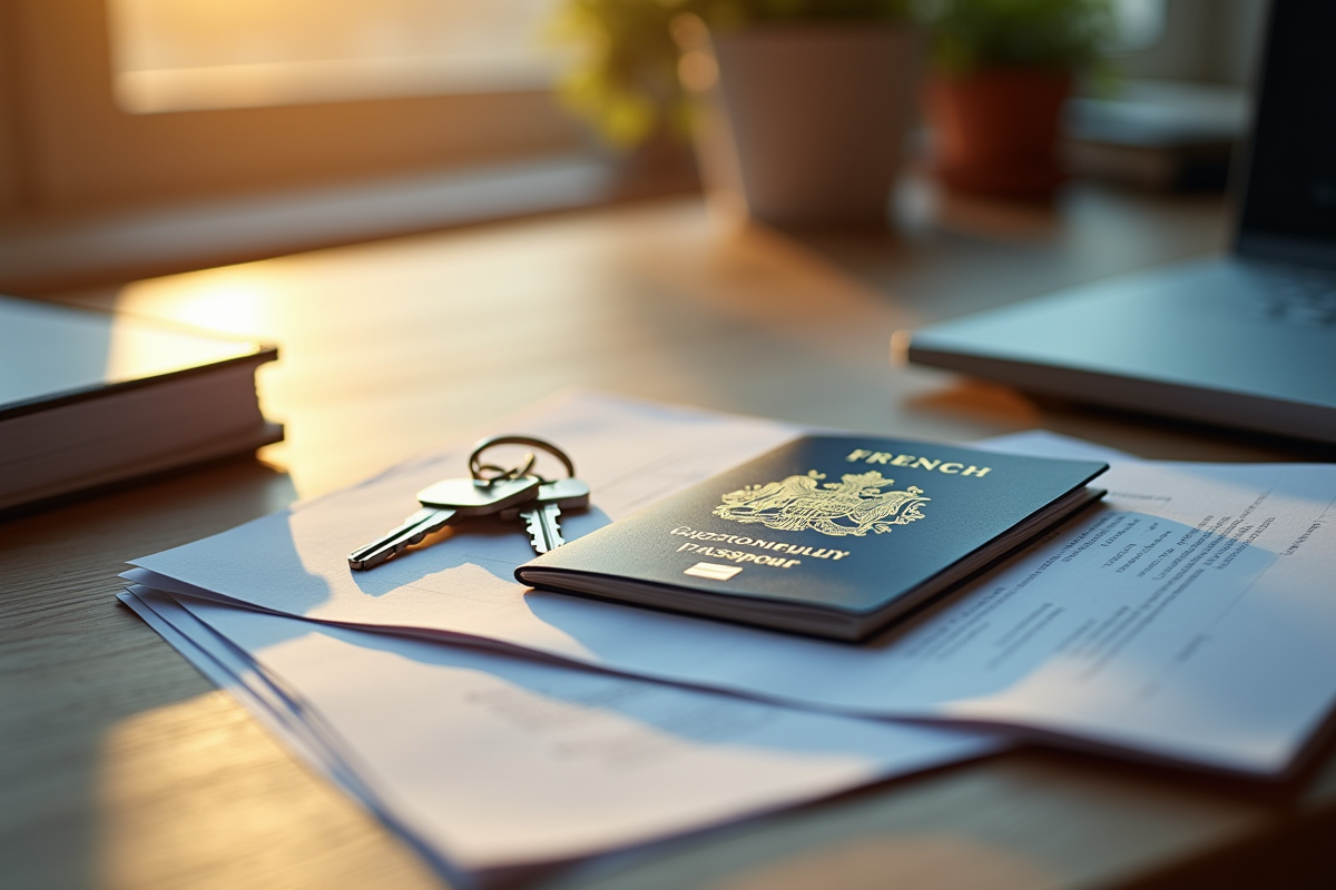 Passeport français et clés de maison sur un bureau en bois