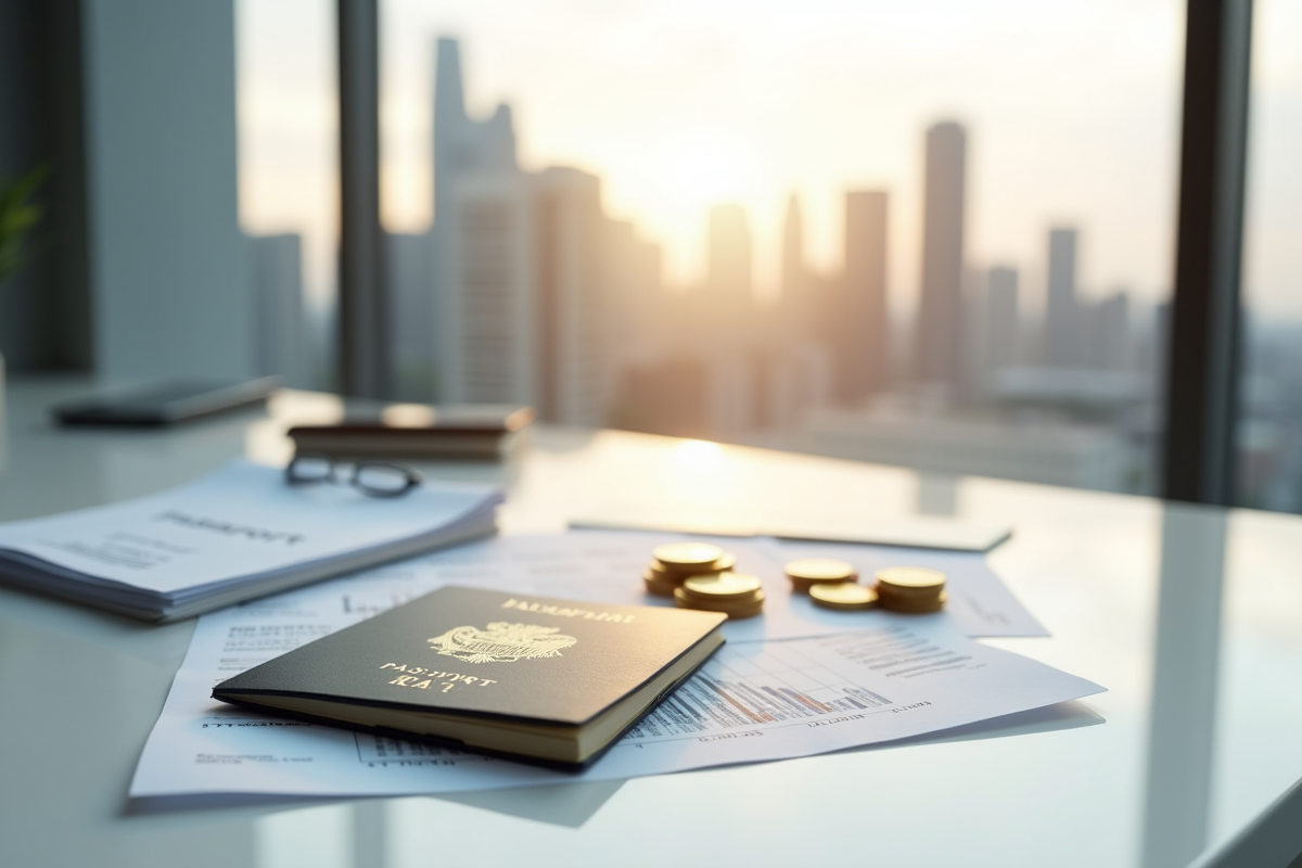 Passeport or et documents financiers sur un bureau blanc lumineux