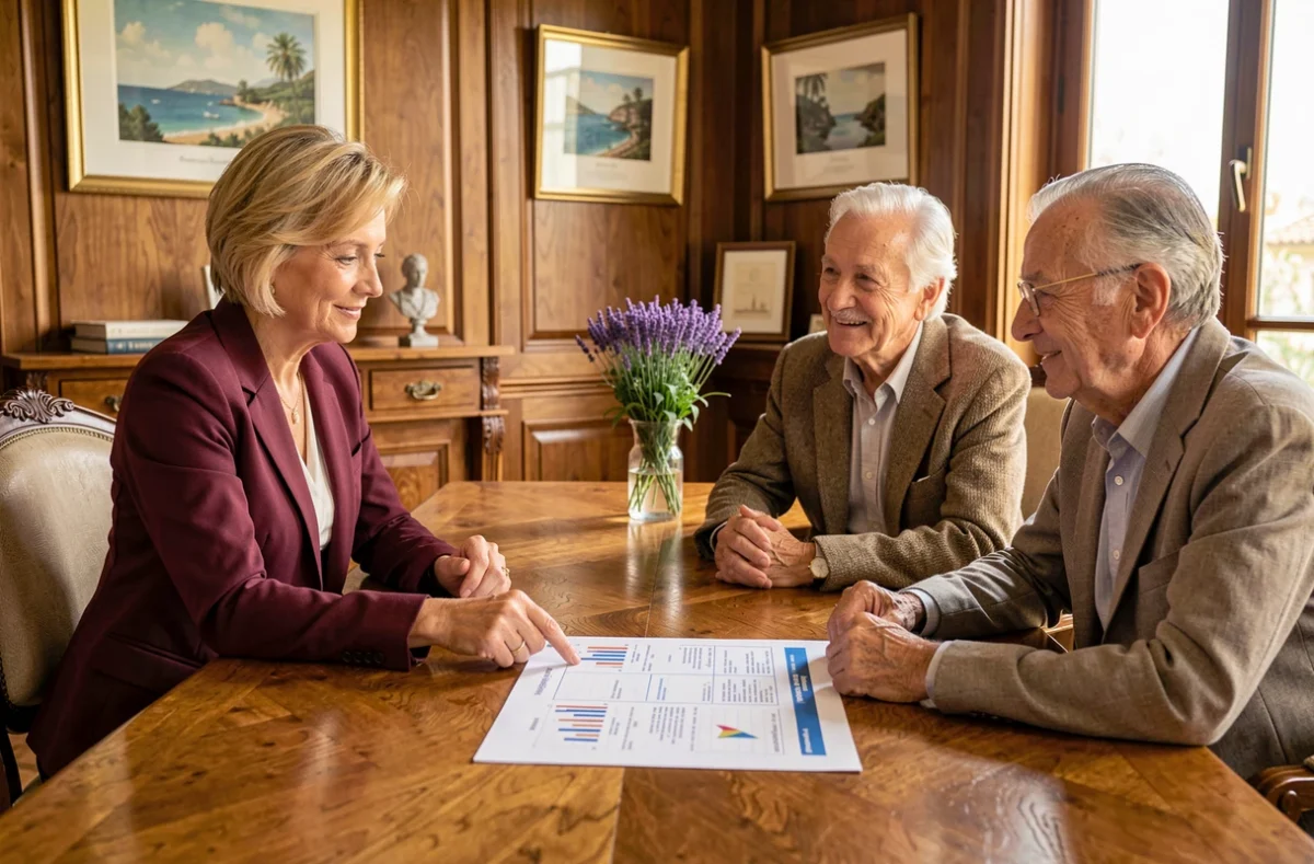 Une conseillère de Patrimoine Conseils et Gestion accompagne un couple senior dans leur bilan patrimonial dans le Var