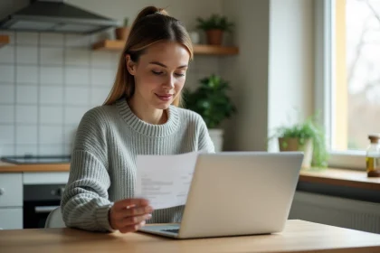 Femme payant une facture en plusieurs fois sur son ordinateur portable avec une carte bancaire dans une cuisine moderne