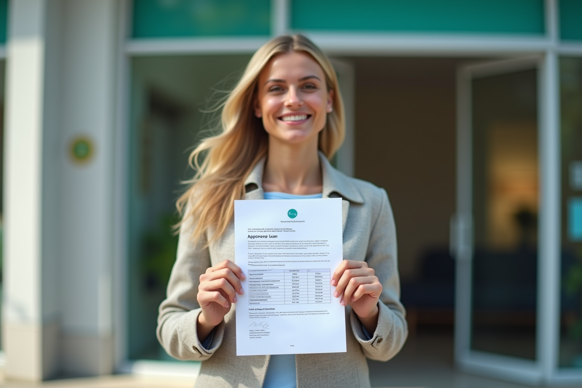 Personne tenant un document de pret approuve devant une agence bancaire