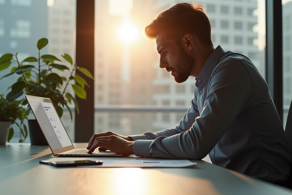Personne inquiète au bureau regardant un message de transaction en attente