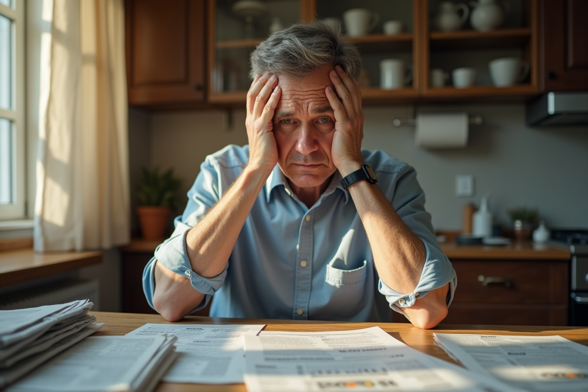 Personne inquiète entourée de papiers financiers à la maison
