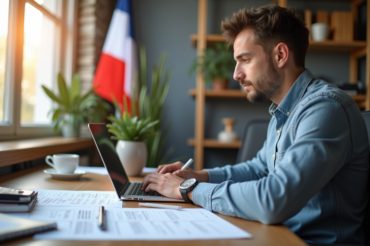 Personne travaillant à domicile en remplissant une déclaration fiscale