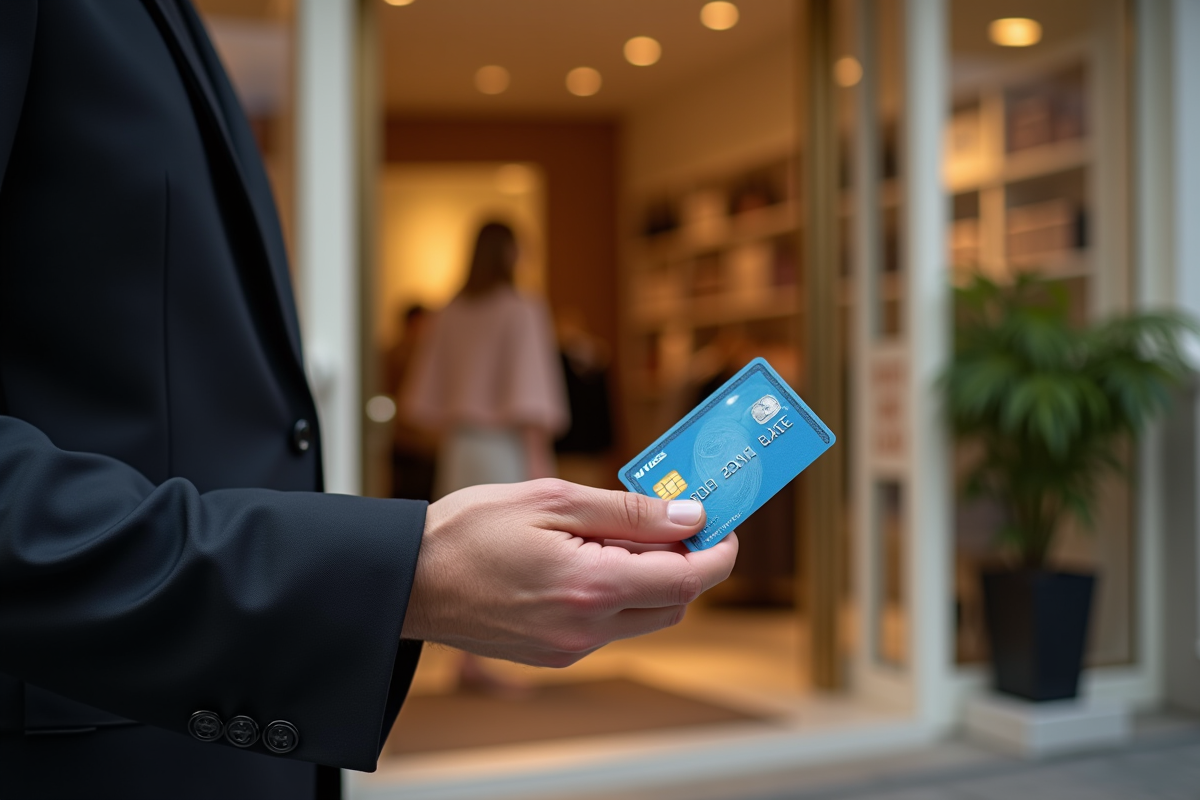 Main tenant une carte American Express devant un magasin de luxe