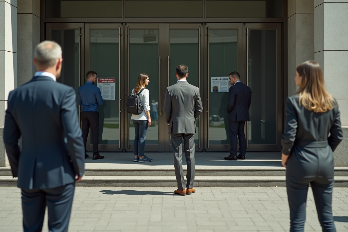 Personnes inquiets devant une banque fermée avec journal faillite