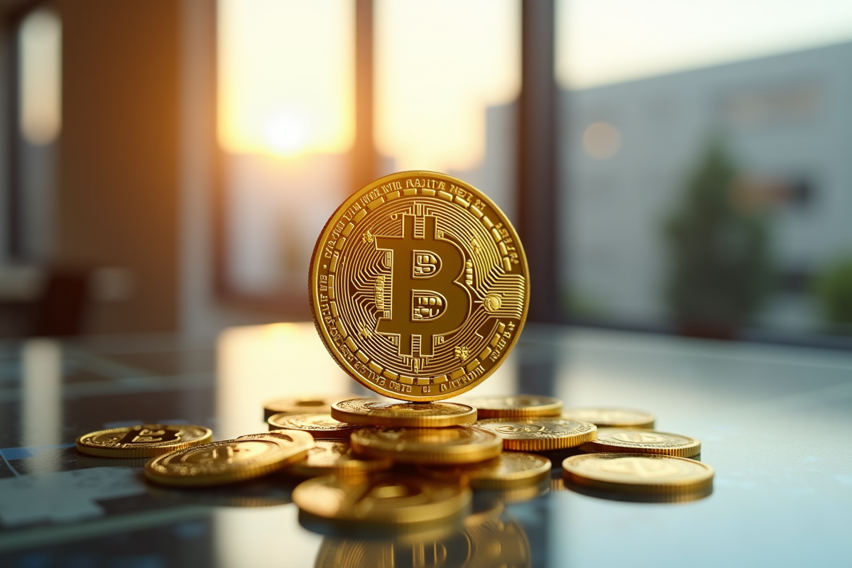 Pièce Bitcoin en or sur une pile de dix dans un bureau moderne