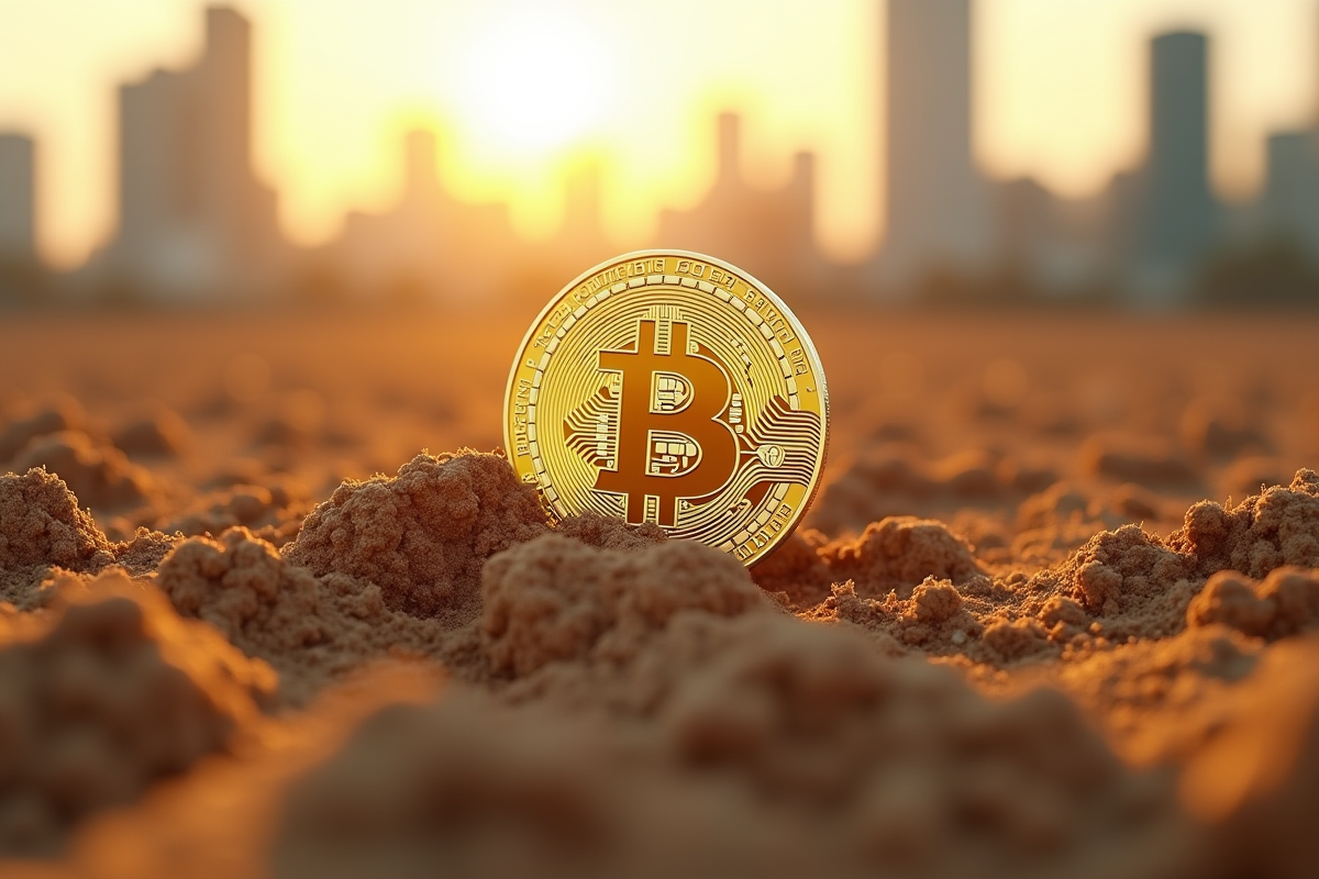 Pièce de bitcoin dorée coulant dans la terre sèche symbolisant le risque financier